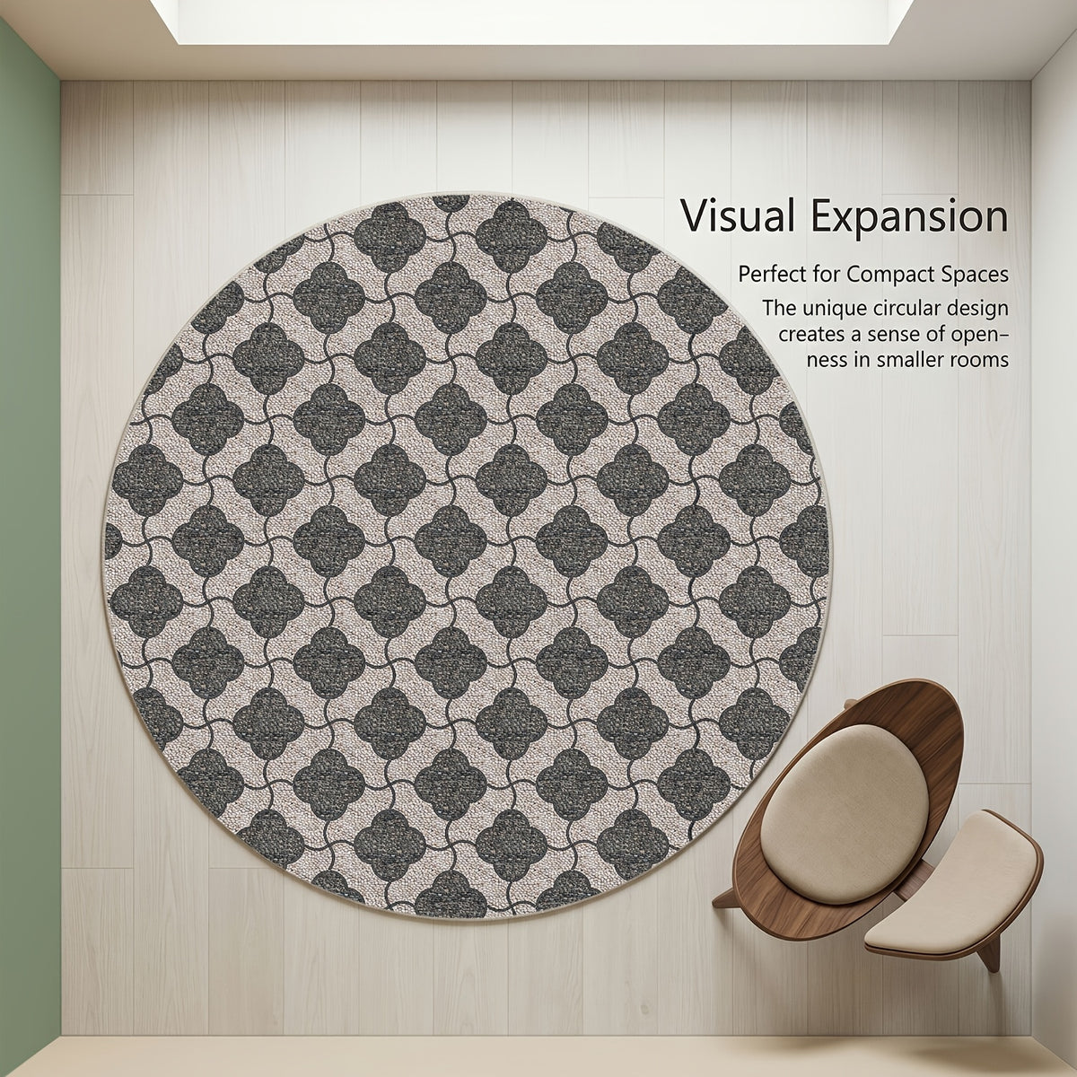 Tapis rond à motif marocain gris et beige, dos à picots