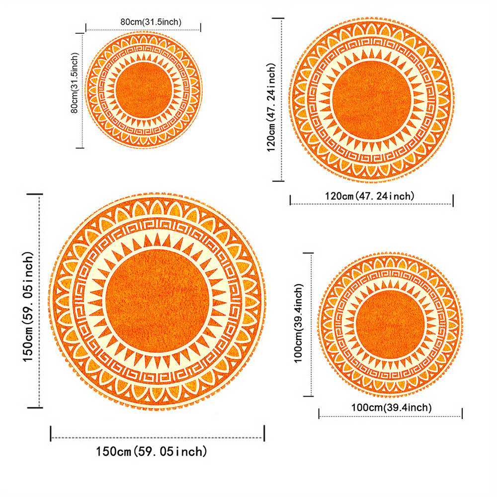 Tapis rond crème à motif soleil orange, bordure à grecque