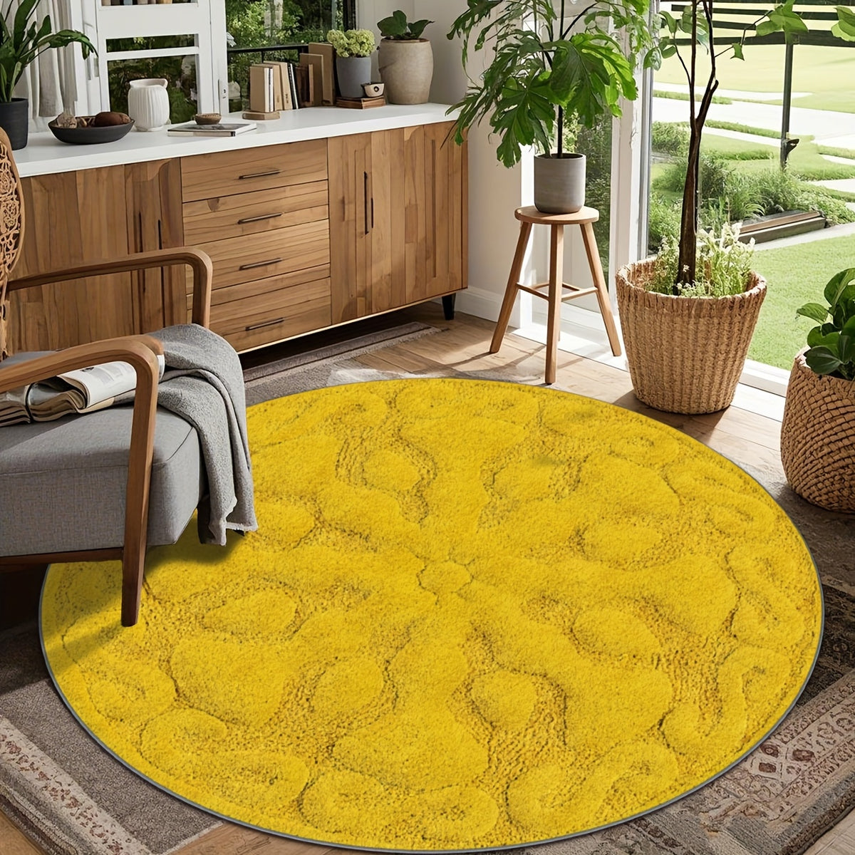 Tapis rond jaune moutarde à relief sculpté, Ø 80 à 200 cm