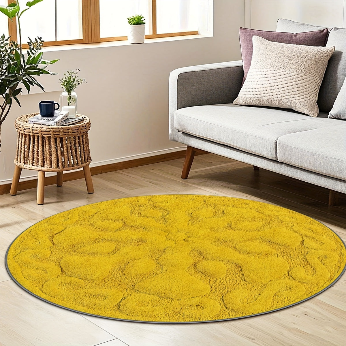 Tapis rond jaune moutarde à relief sculpté, Ø 80 à 200 cm