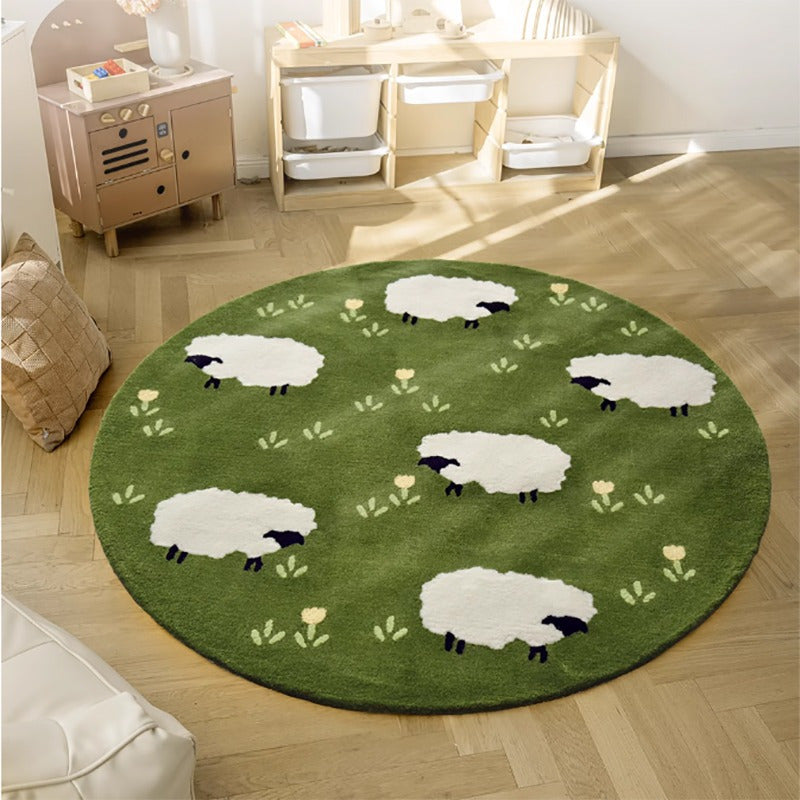 Tapis rond moutons sur pré vert, peluche, jusqu'à Ø 200 cm