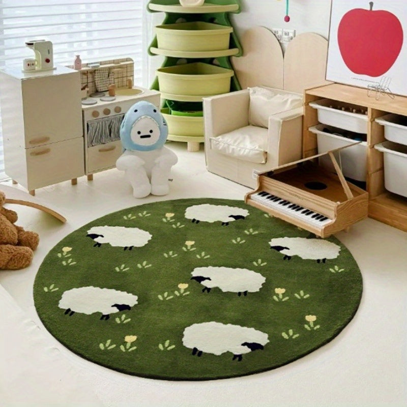 Tapis rond moutons sur pré vert, peluche, jusqu'à Ø 200 cm