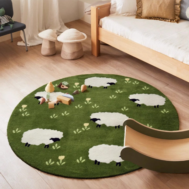 Tapis rond moutons sur pré vert, peluche, jusqu'à Ø 200 cm
