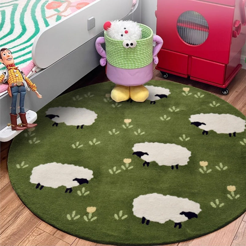 Tapis rond moutons sur pré vert, peluche, jusqu'à Ø 200 cm