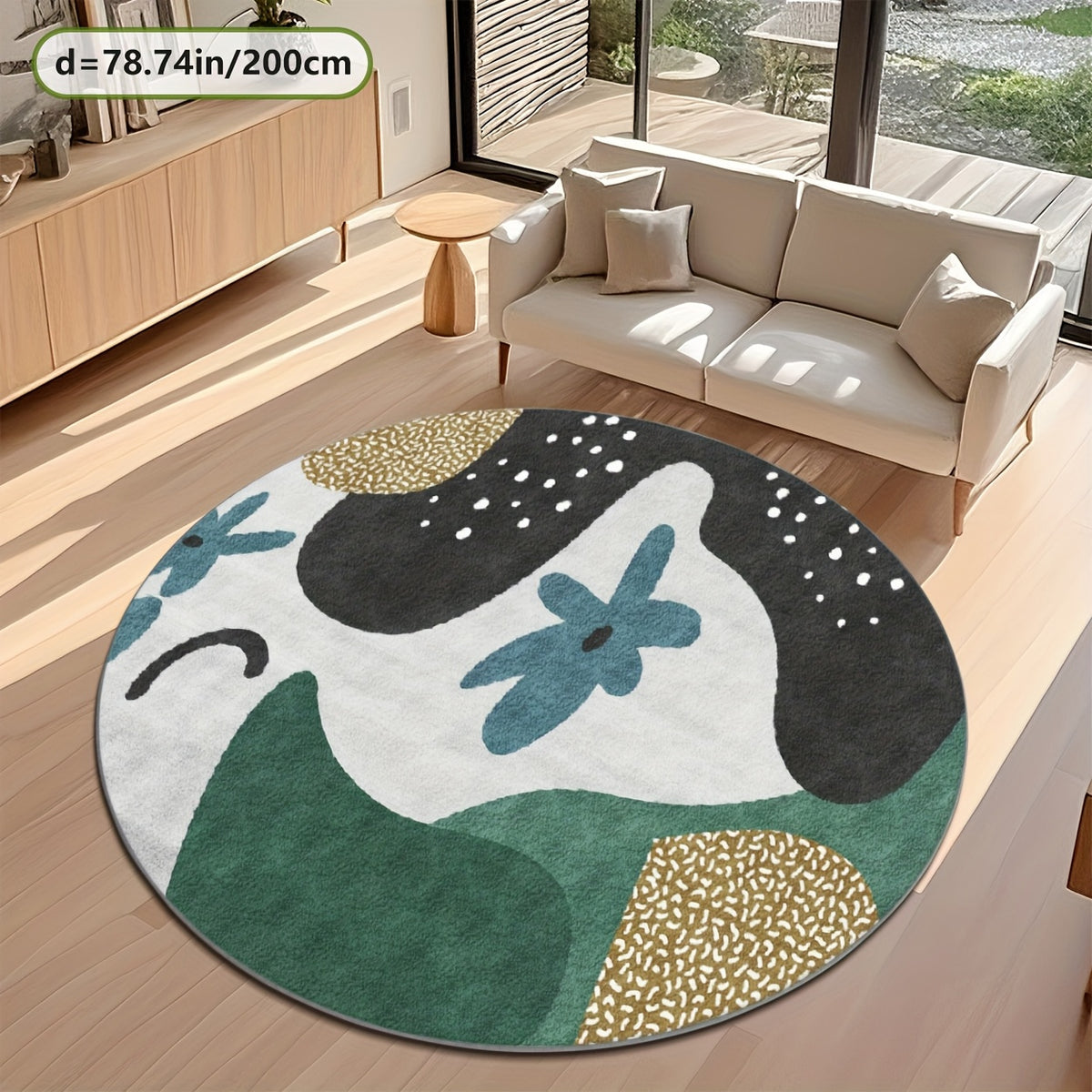 Tapis rond multicolore motif abstrait vert, ocre et anthracite