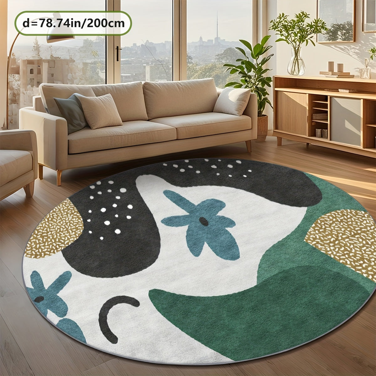 Tapis rond multicolore motif abstrait vert, ocre et anthracite