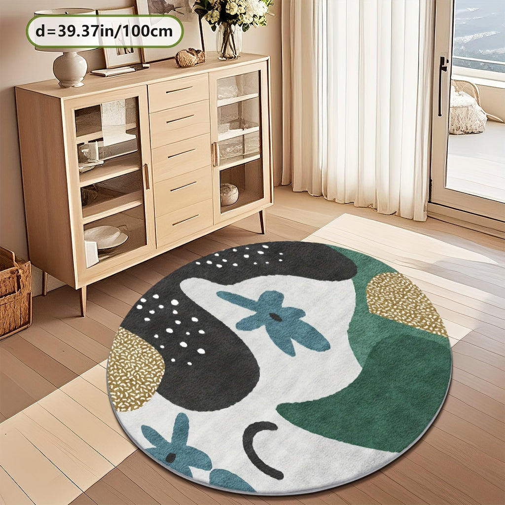 Tapis rond multicolore motif abstrait vert, ocre et anthracite