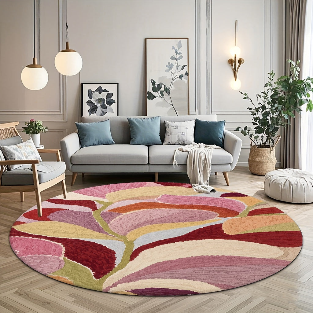 Tapis rond multicolore à pétales peints, framboise et olive