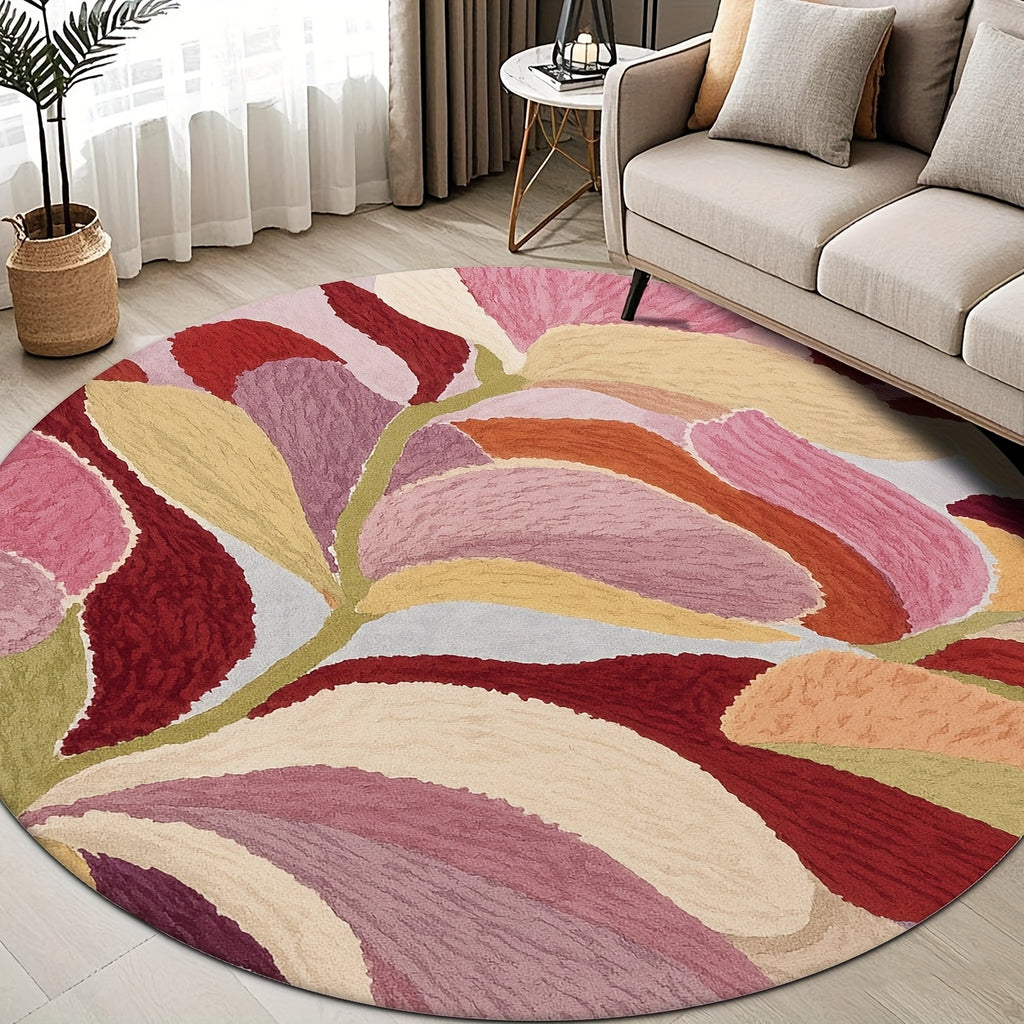 Tapis rond multicolore à pétales peints, framboise et olive