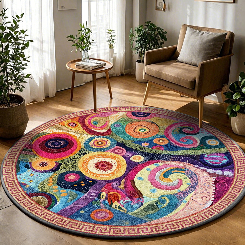 Tapis rond multicolore à spirales, bordure grecque rose