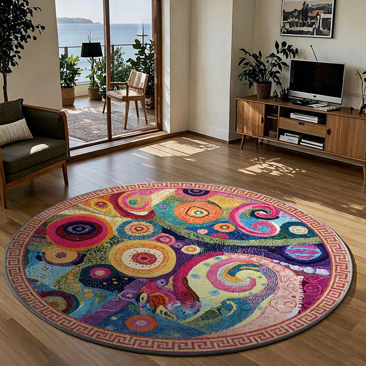 Tapis rond multicolore à spirales, bordure grecque rose