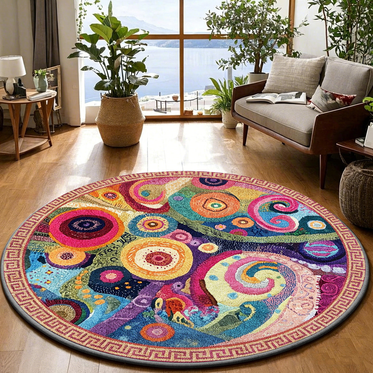 Tapis rond multicolore à spirales, bordure grecque rose