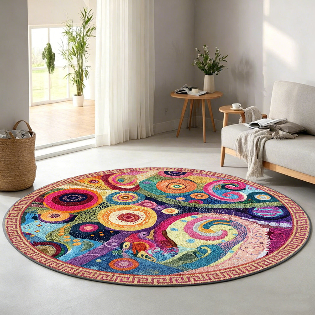 Tapis rond multicolore à spirales, bordure grecque rose
