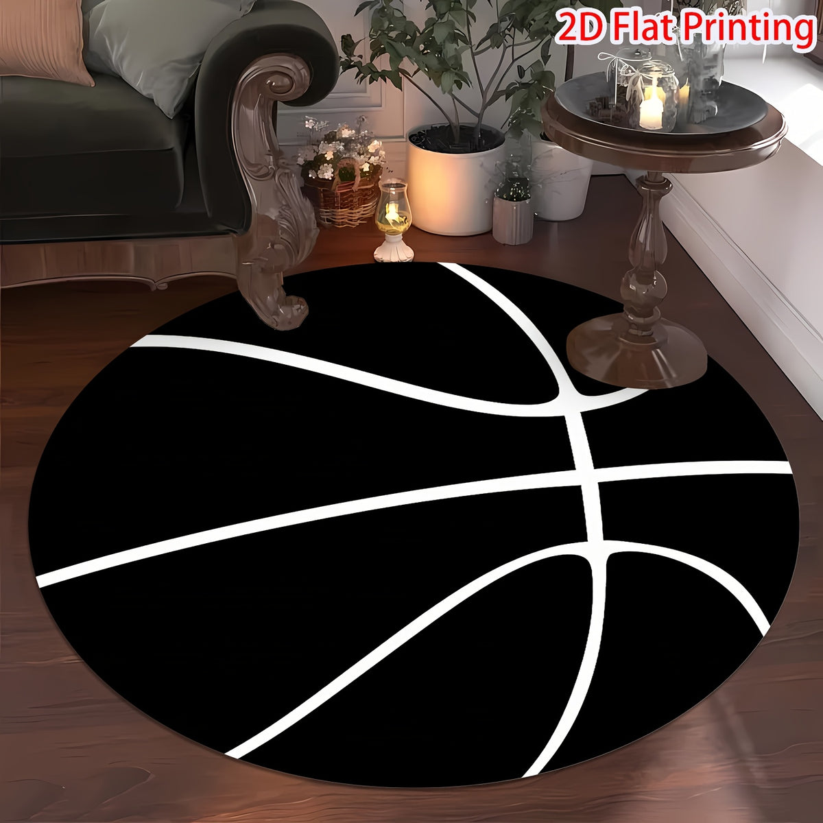 Tapis rond noir imprimé ballon de basket, Ø 80 ou 100 cm