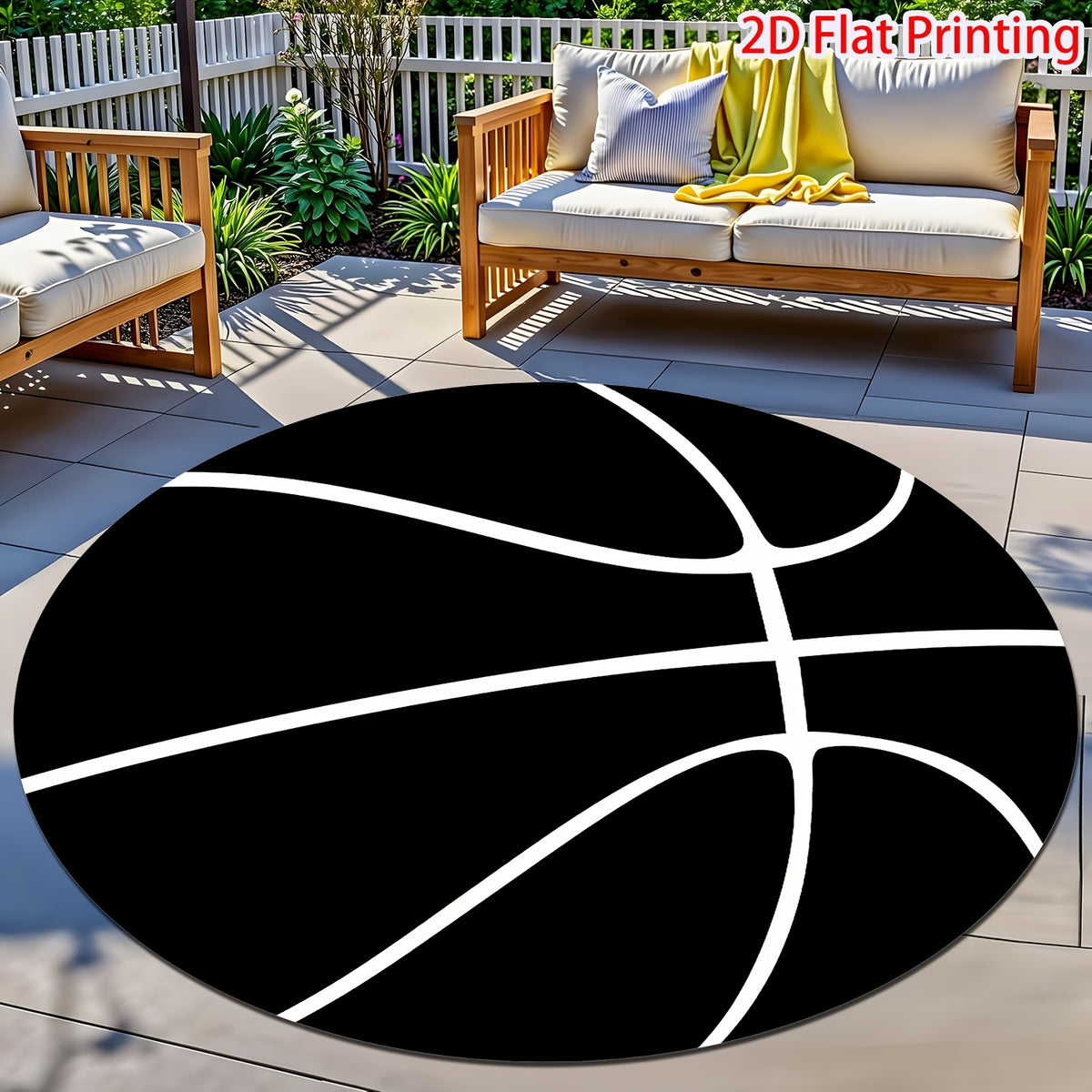 Tapis rond noir imprimé ballon de basket, Ø 80 ou 100 cm