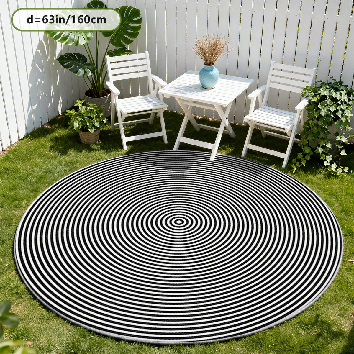 Tapis rond noir et blanc à spirale, deux mètres de diamètre