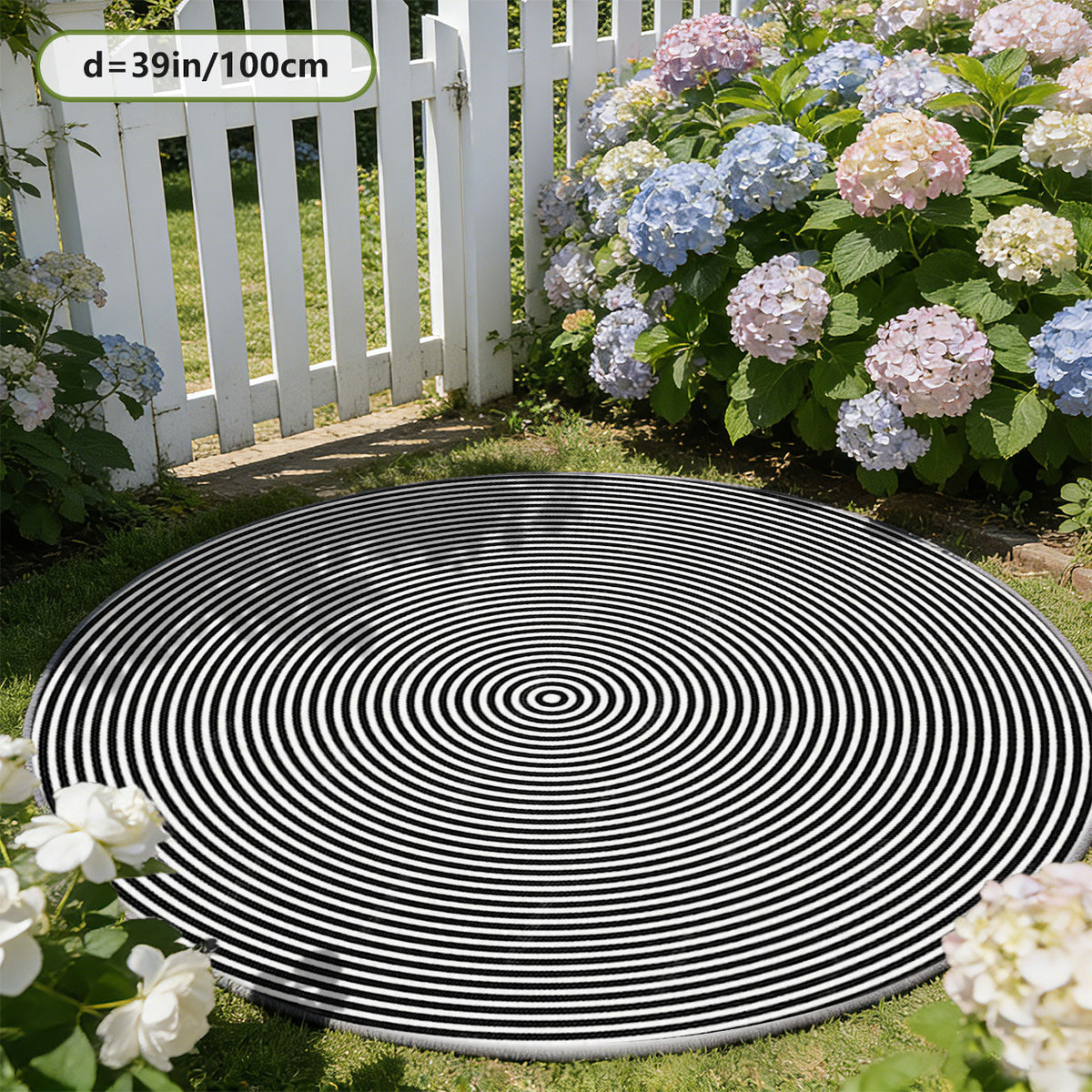 Tapis rond noir et blanc à spirale, deux mètres de diamètre