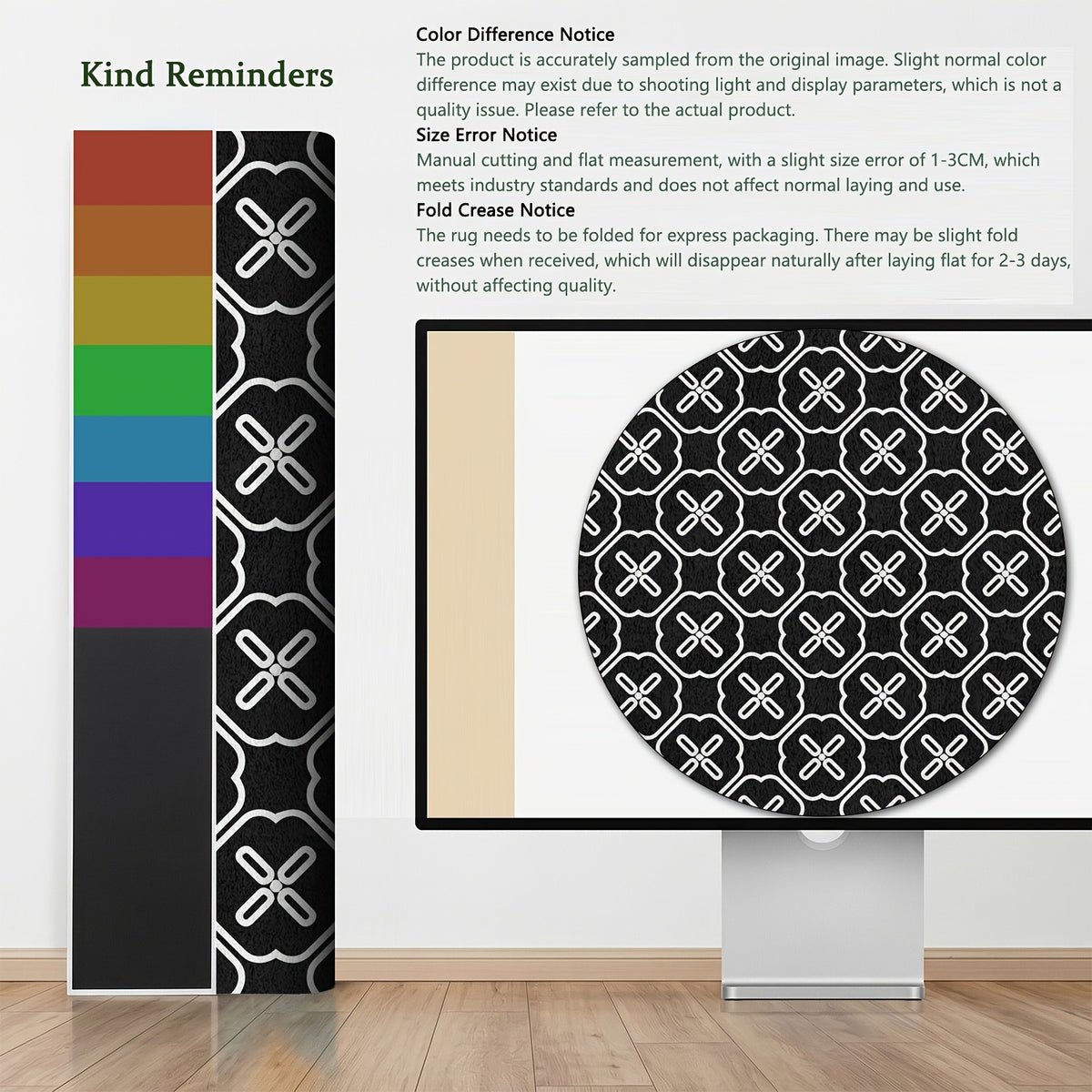 Tapis rond noir et blanc à losanges, velours Ø 80 à 200 cm