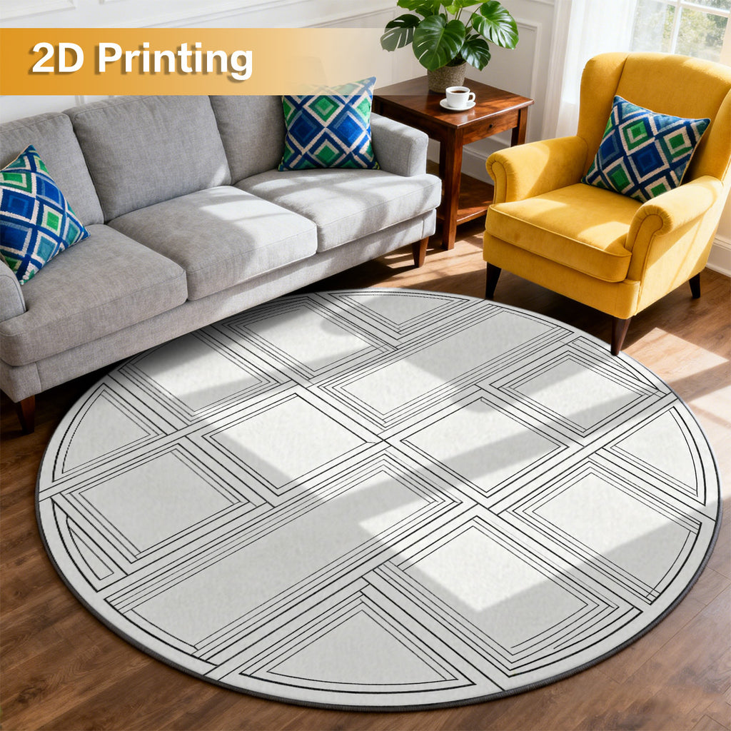 Tapis rond blanc à quadrillage noir, grand format Ø 200 cm