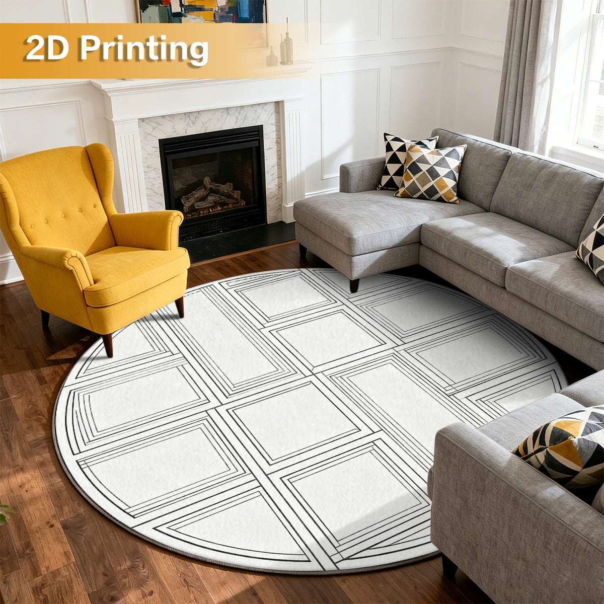 Tapis rond blanc à quadrillage noir, grand format Ø 200 cm