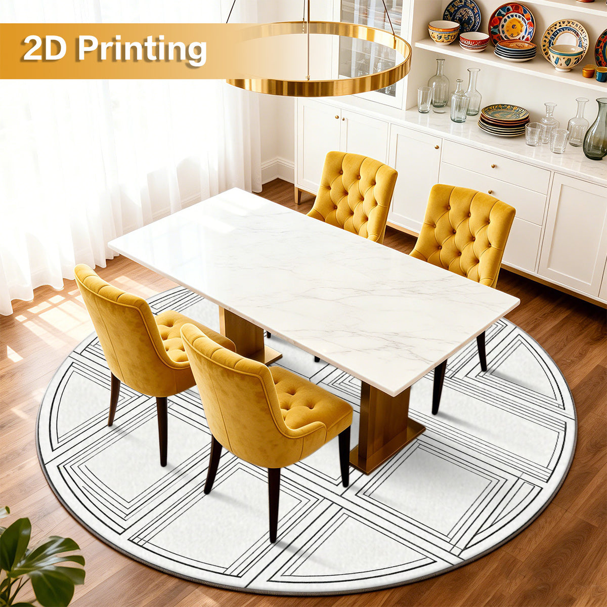 Tapis rond blanc à quadrillage noir, grand format Ø 200 cm