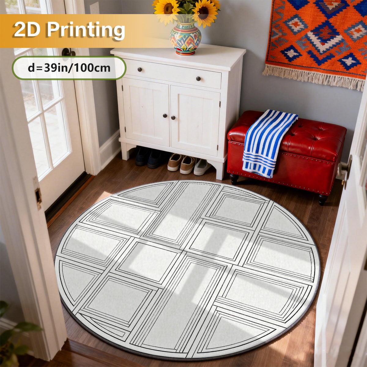 Tapis rond blanc à quadrillage noir, grand format Ø 200 cm