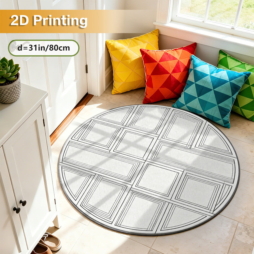 Tapis rond blanc à quadrillage noir, grand format Ø 200 cm