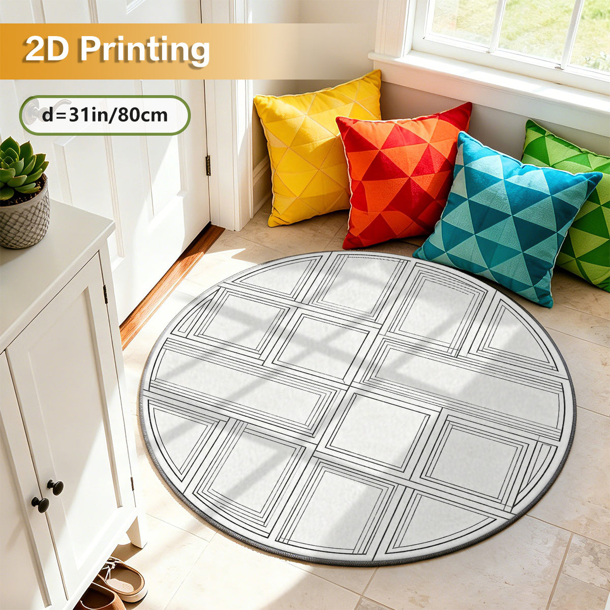 Tapis rond blanc à quadrillage noir, grand format Ø 200 cm