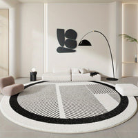 Tapis rond noir et blanc rayé, bordure écrue épaisse et douce