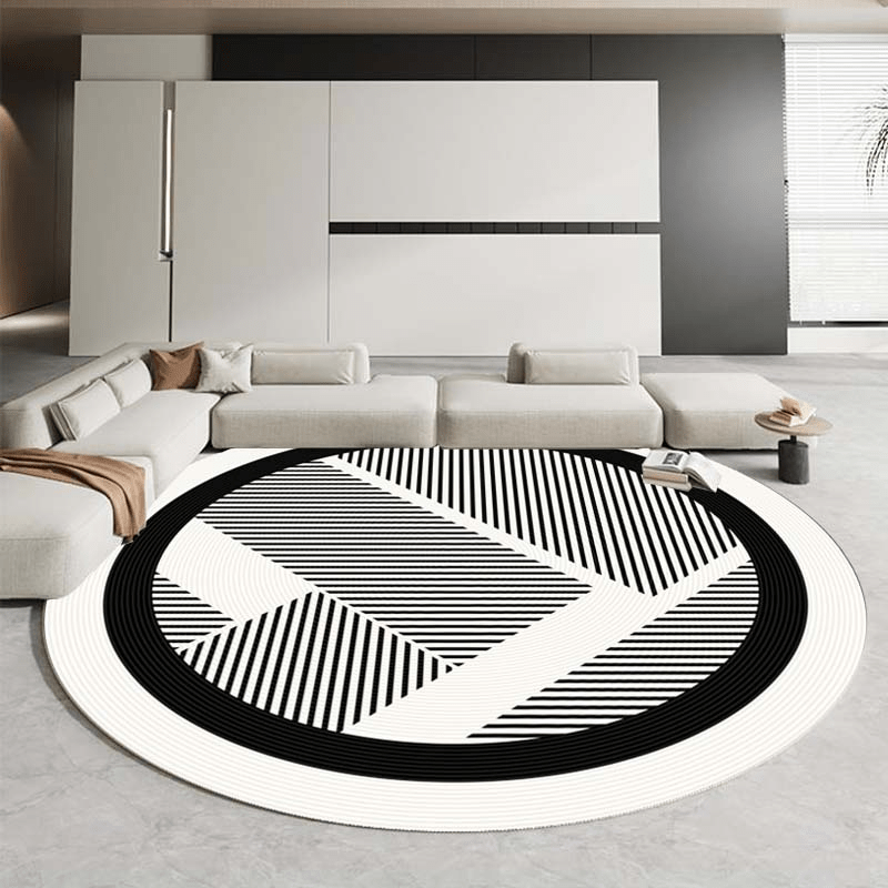 Tapis rond noir et blanc rayé, bordure écrue épaisse et douce