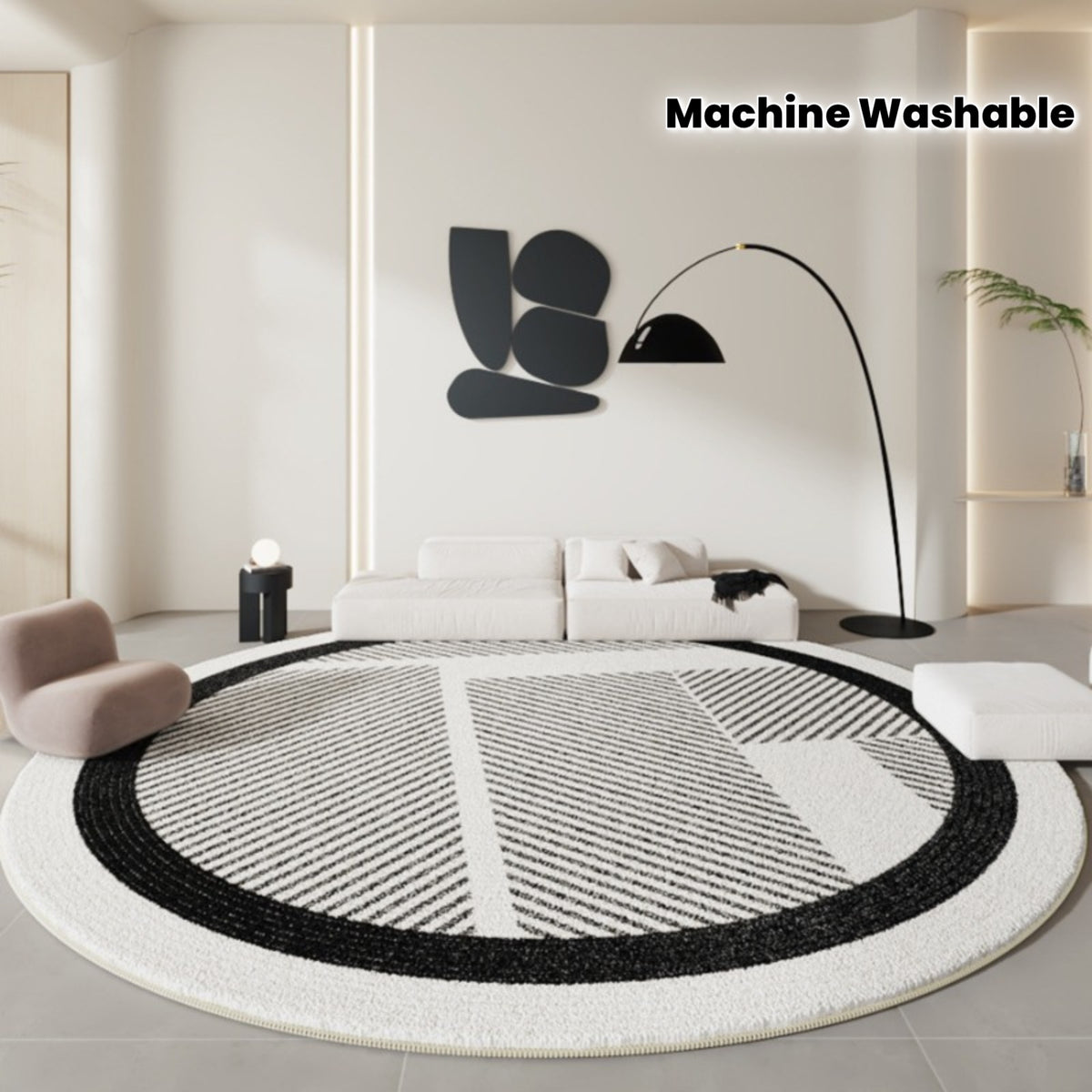 Tapis rond noir et blanc rayé, bordure écrue épaisse et douce