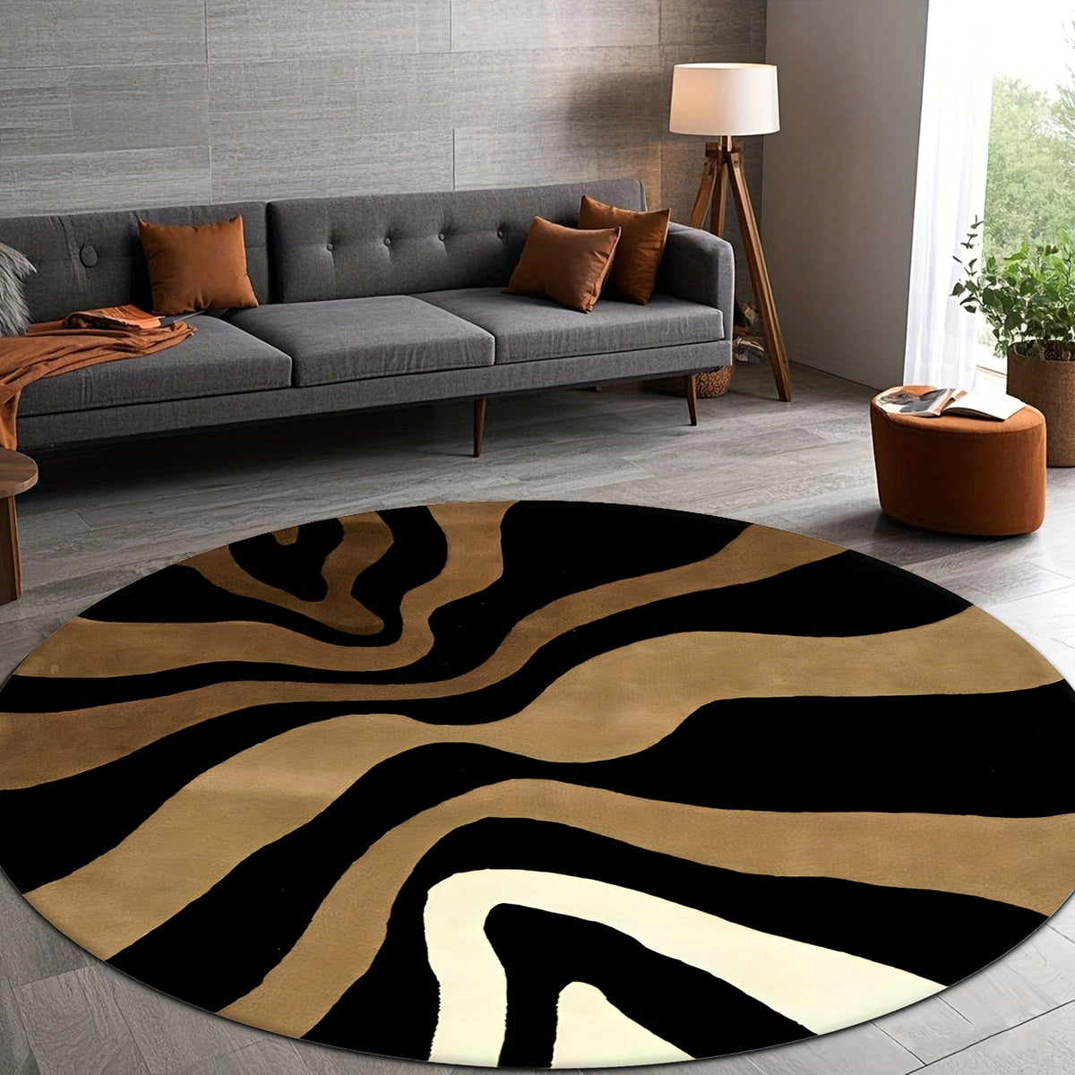 Tapis rond noir et camel à grandes vagues, Ø 160 cm unique