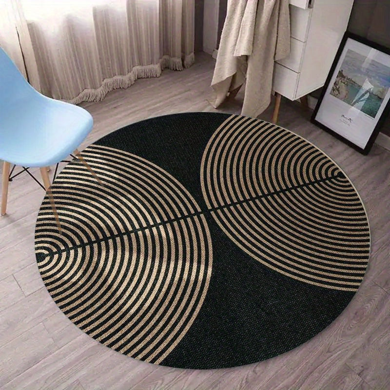 Tapis rond noir à cercles dorés, format unique Ø 120 cm