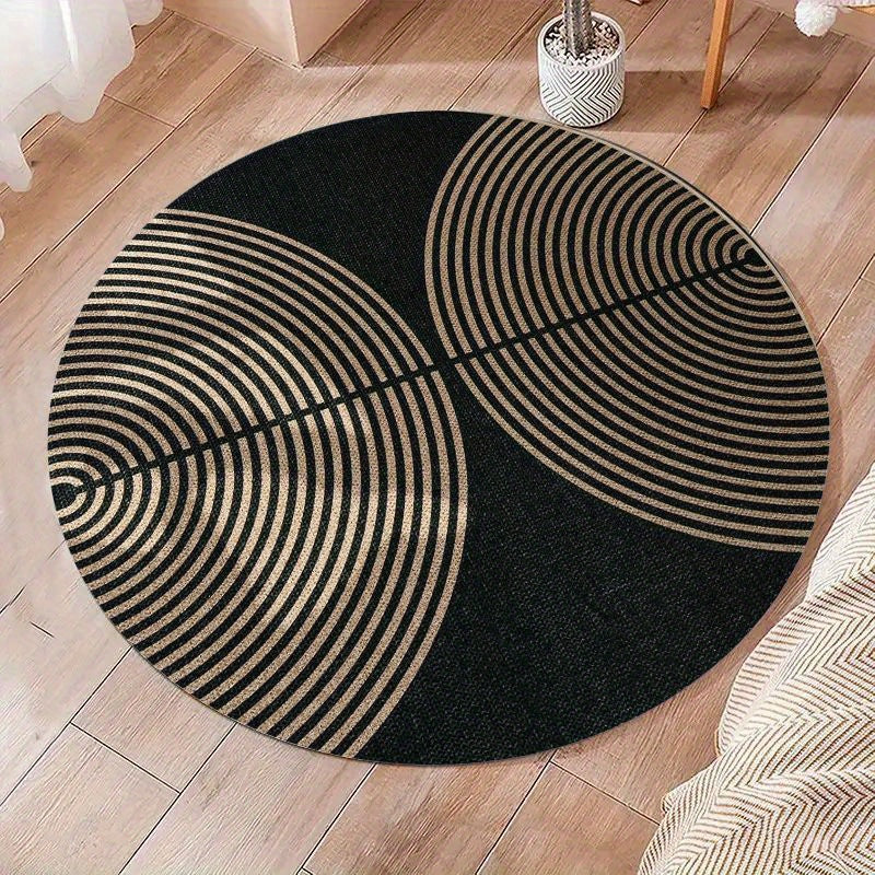 Tapis rond noir à cercles dorés, format unique Ø 120 cm