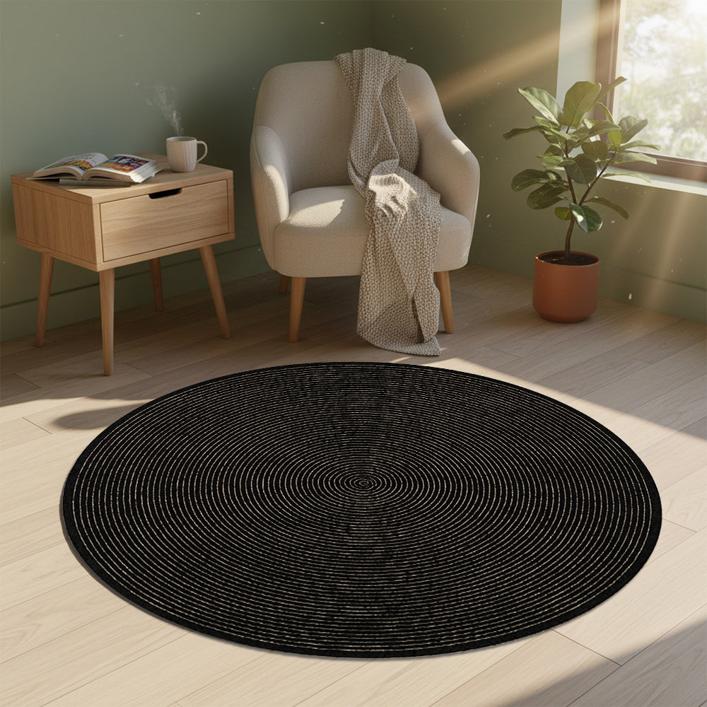 Tapis rond noir chiné piqueté de beige, Ø 110 ou 190 cm