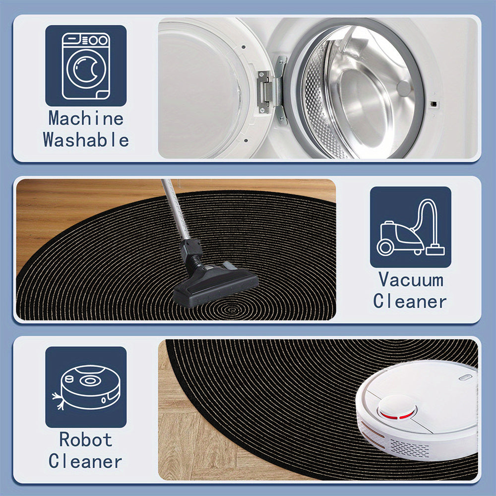 Tapis rond noir chiné piqueté de beige, Ø 110 ou 190 cm
