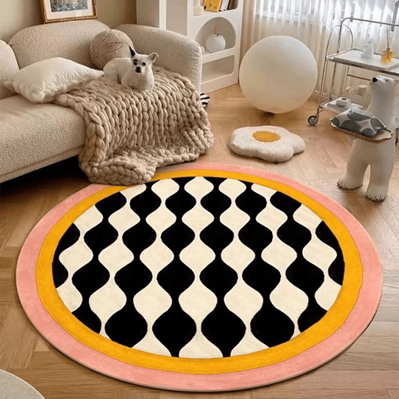 Tapis rond noir et crème à bordure rose, Ø 95 et 160 cm