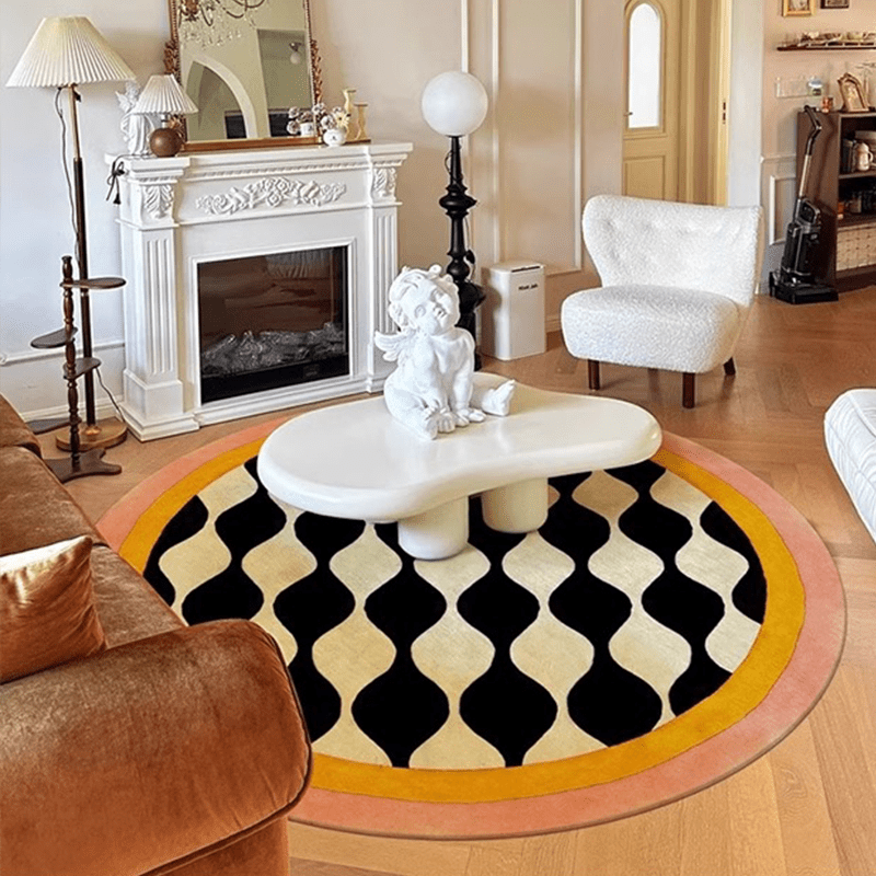 Tapis rond noir et crème à bordure rose, Ø 95 et 160 cm