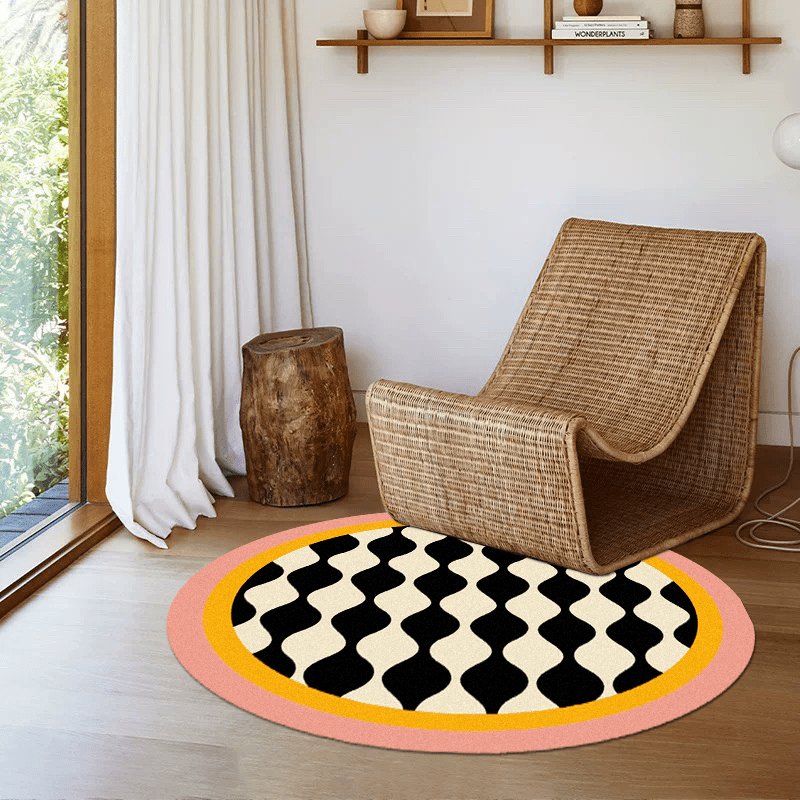 Tapis rond noir et crème à bordure rose, Ø 95 et 160 cm