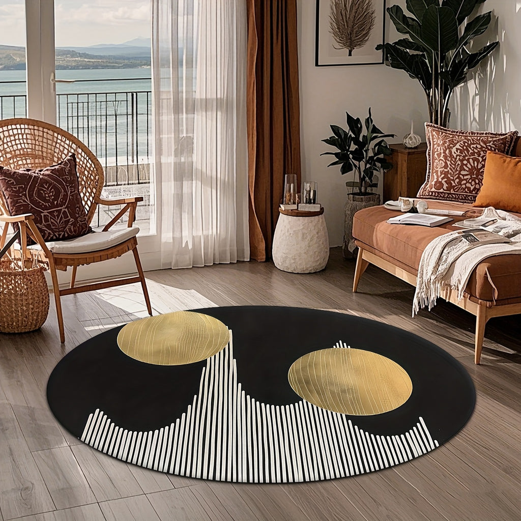 Tapis rond noir à deux disques dorés et lignes, Ø 100-200