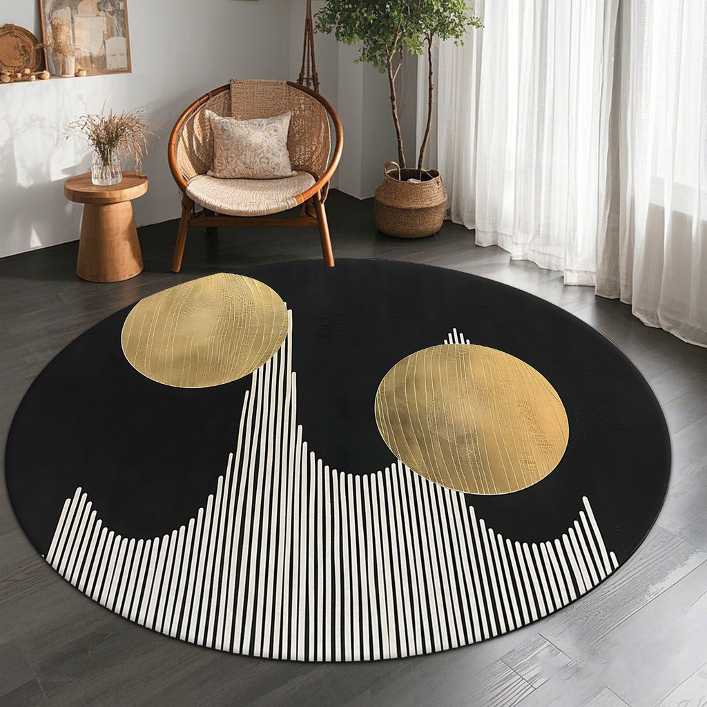 Tapis rond noir à deux disques dorés et lignes, Ø 100-200