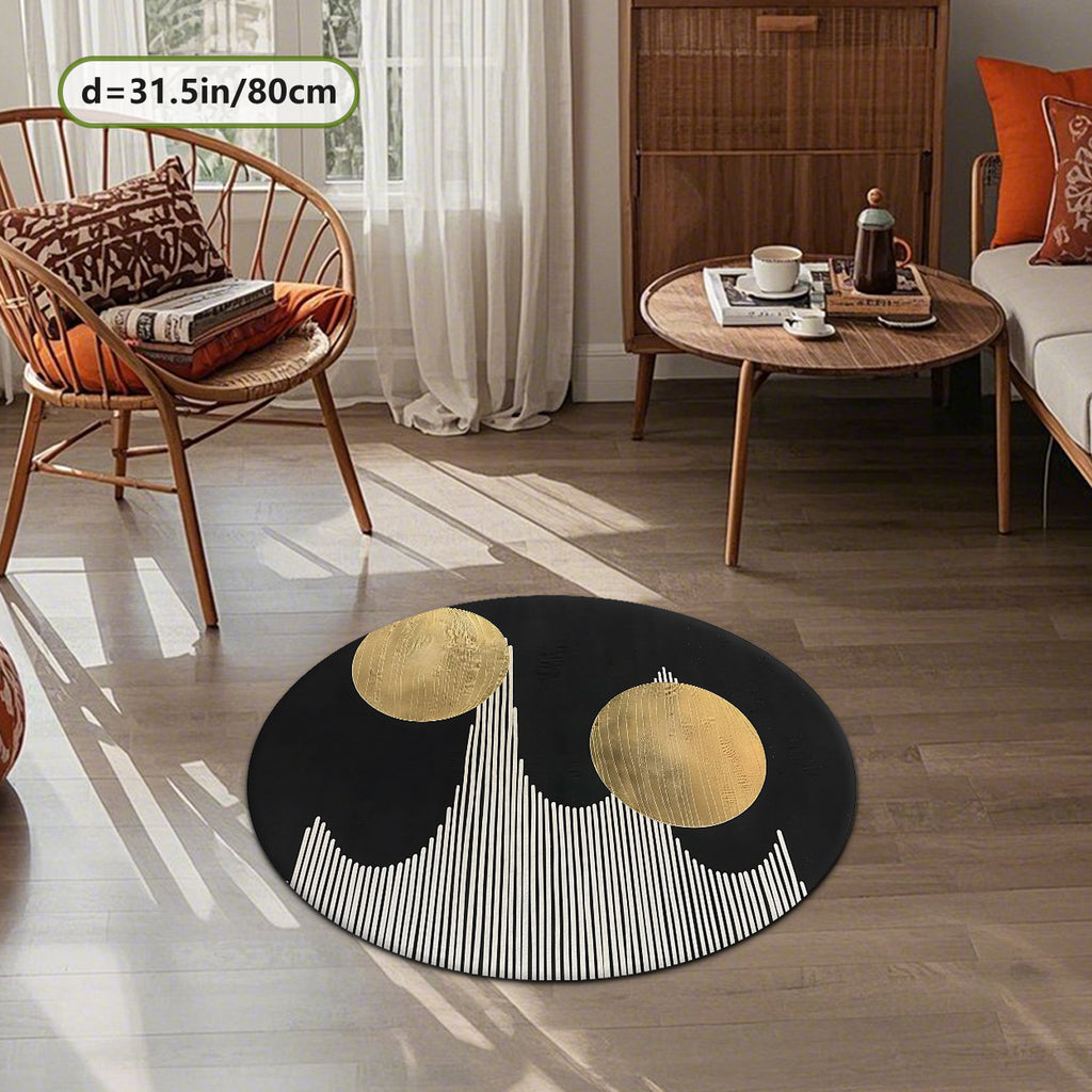 Tapis rond noir à deux disques dorés et lignes, Ø 100-200