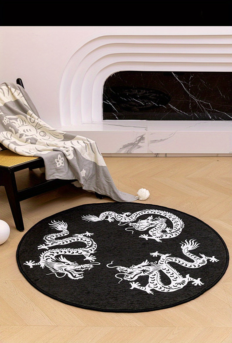Tapis rond noir à quatre dragons blancs, dos en vinyle épais