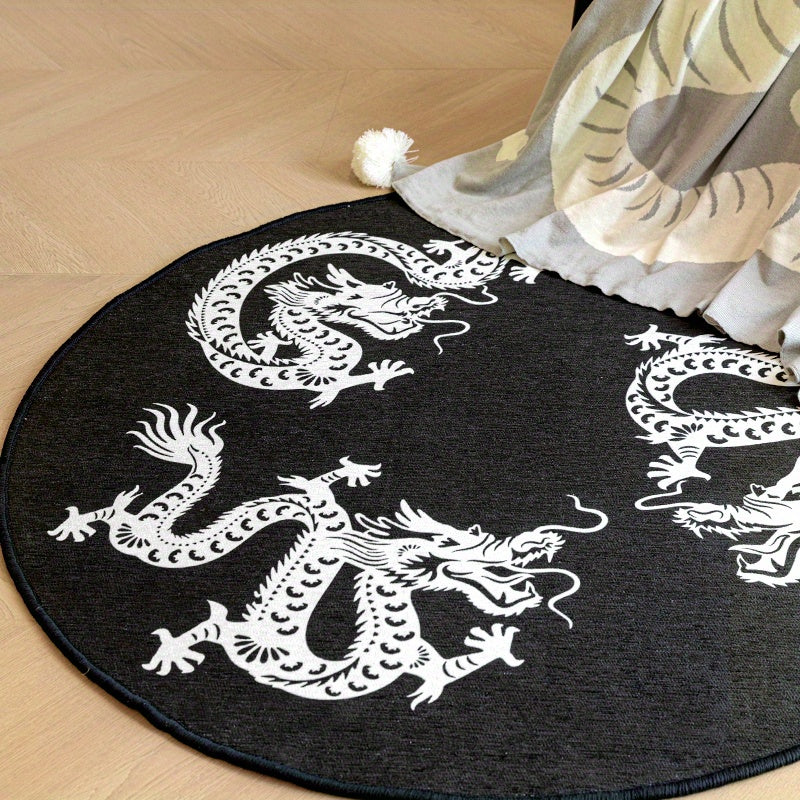 Tapis rond noir à quatre dragons blancs, dos en vinyle épais
