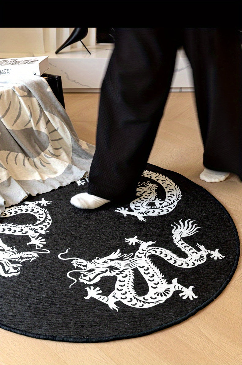 Tapis rond noir à quatre dragons blancs, dos en vinyle épais