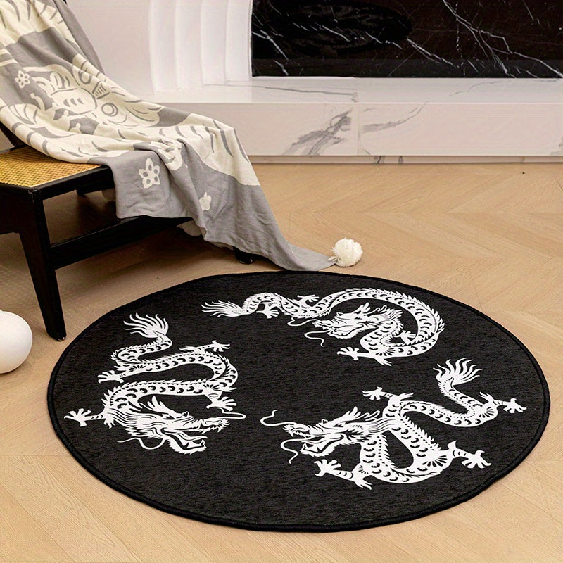 Tapis rond noir à quatre dragons blancs, dos en vinyle épais