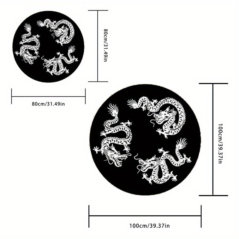 Tapis rond noir à quatre dragons blancs, dos en vinyle épais