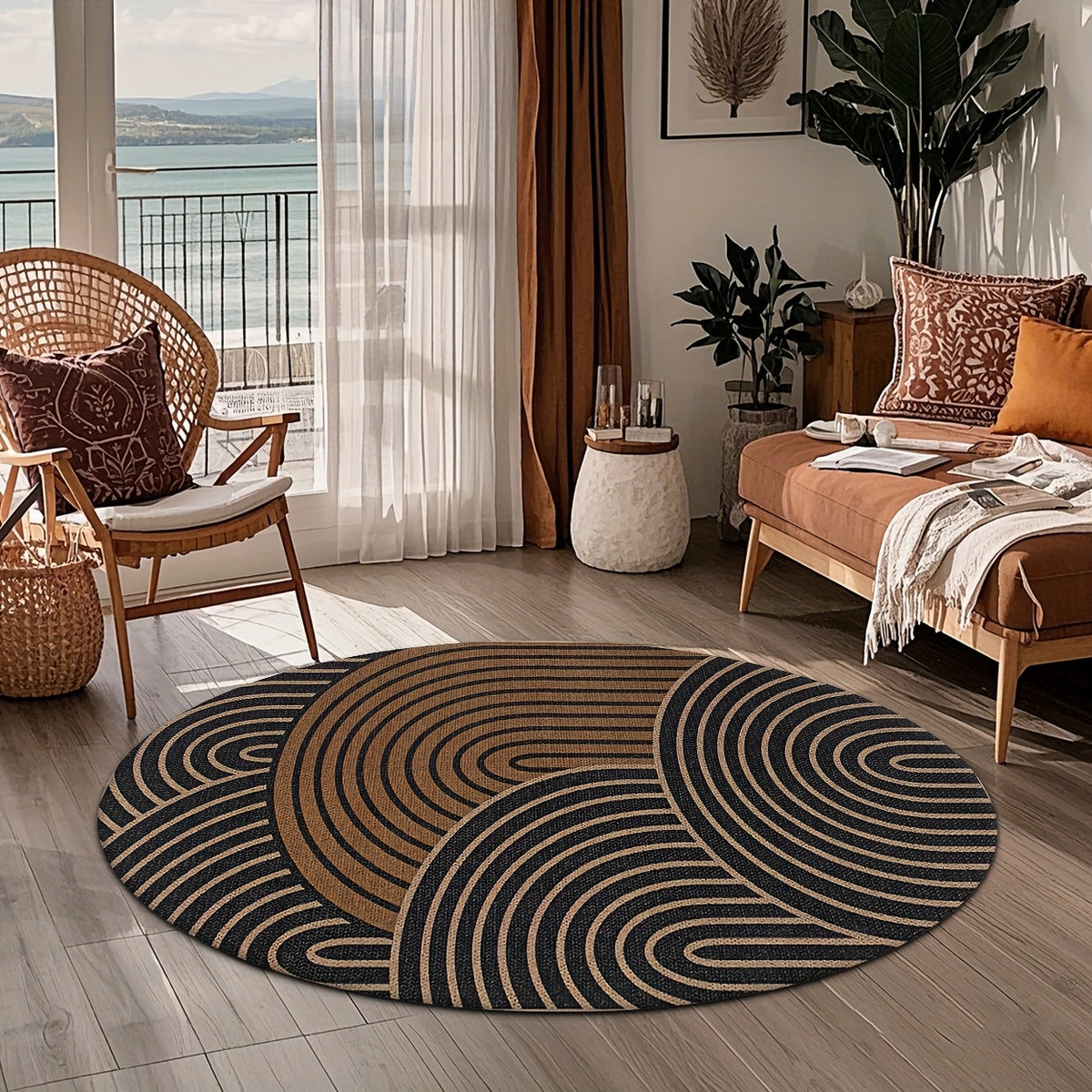 Tapis rond mi-noir et mi-camel, trois arcs emboîtés rayés