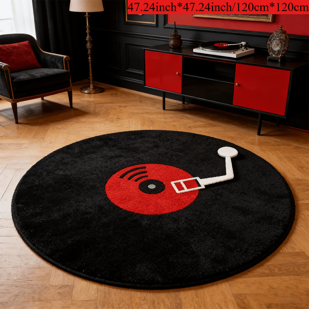 Tapis rond noir imprimé disque vinyle, Ø 80, 120 ou 150 cm