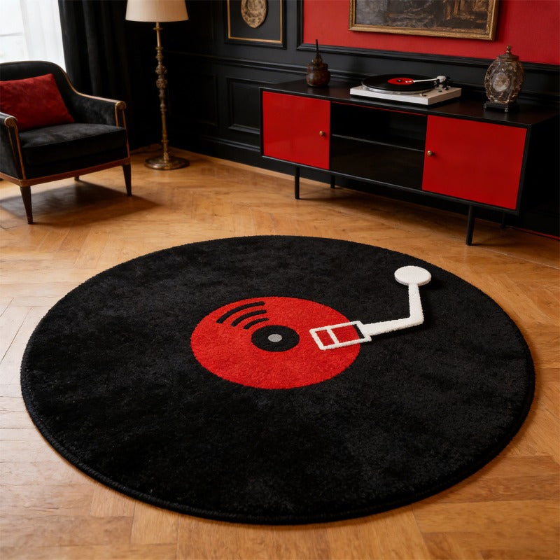 Tapis rond noir imprimé disque vinyle, Ø 80, 120 ou 150 cm